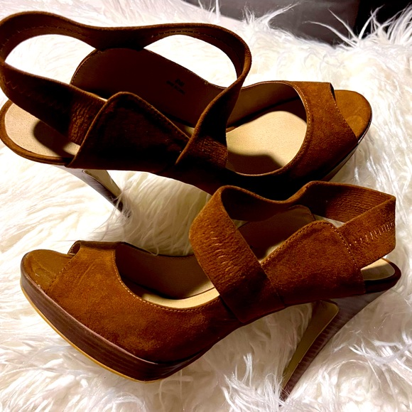 levity Shoes - Cognac, suede heels with 4” wooden heel